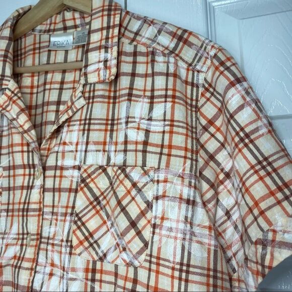 Erika Plaid Cotton Button up Orange Brown Beige Short Sleeve Shirt… - Picture 4 of 8